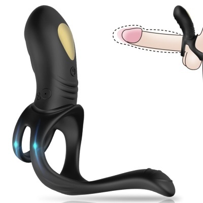 Produto adulto preto em silicone com anéis duplos e forma curva