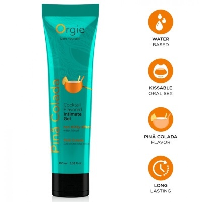 Gel íntimo Orgie sabor Piña Colada em tubo azul turquesa