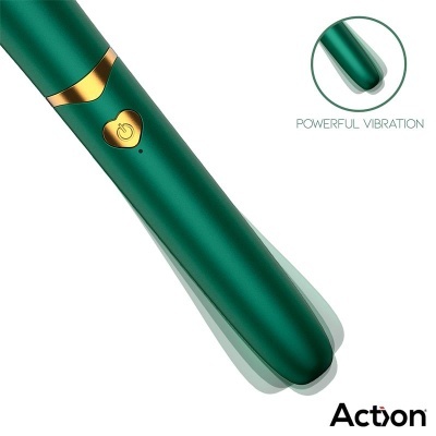 Vibrador verde com detalhes dourados e botão em forma de coração com símbolo de power