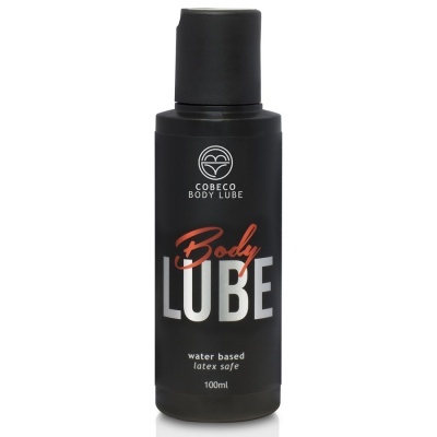 Frasco preto de lubrificante à base de água da marca Cobeco Body Lube