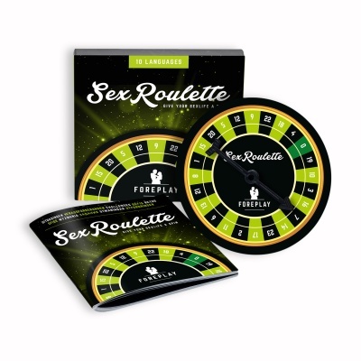 Jogo Sex Roulette com roda giratória preta e verde, caixa e manual.