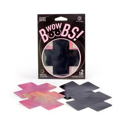 Pastilhas adesivas em formato de cruz em duas cores, preto e rosa, com embalagem preta e texto visível.