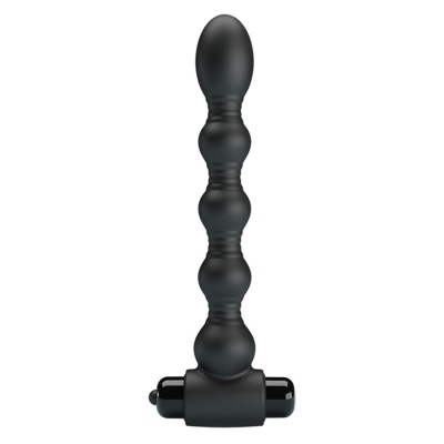 Produto sexual em silicone preto com textura em esferas alongadas e base com controlador vibratório preto