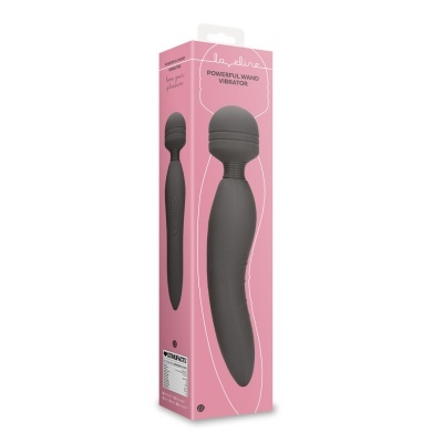 Caixa rosa com vibrador varinha cinzento em silicone e texto POWERFUL WAND VIBRATOR
