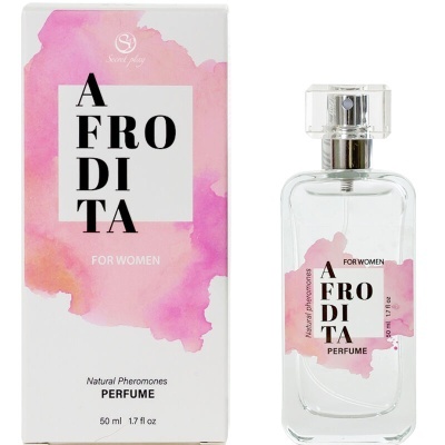 Perfume AFRODITA para mulheres com rótulo rosa e preto e embalagem branca com detalhes cor de rosa