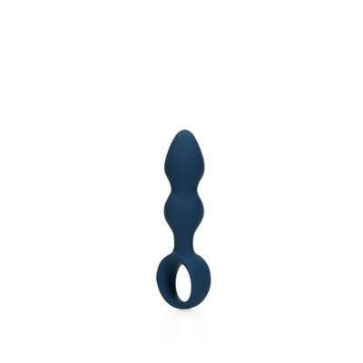 Produto azul escuro em silicone com formato cónico e anel na base