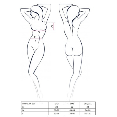 Ilustração de figura feminina com tabela de medidas MORGAN SET em fundo branco