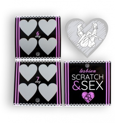 Cartões riscáveis com coração cinzento em fundo preto e rosa com texto lesbian SCRATCH & SEX e ilustração de duas mulheres