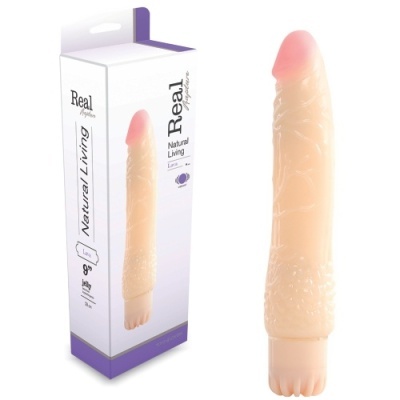 Vibrador realista cor pele com embalagem branca roxa
