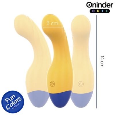 Vibrador amarelo com base azul e botão circular, 14 cm de altura, 3 cm de largura