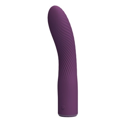Vibrador roxo com textura em espiral e botão na base
