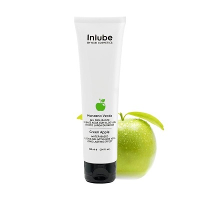 Tubo branco de gel Inlube com etiqueta de maçã verde, maçã verde ao fundo