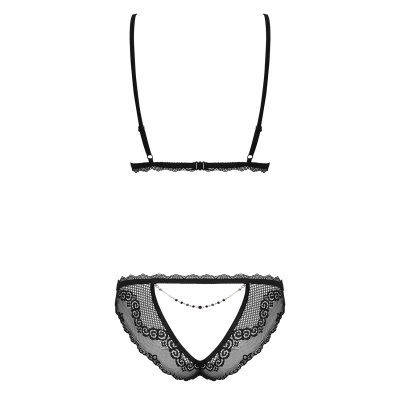 Conjunto de lingerie preto com rendas e corrente decorativa.
