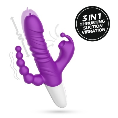 Vibrador roxo com múltiplos estimuladores e texto 3 IN 1 THRUSTING SUCTION VIBRATION