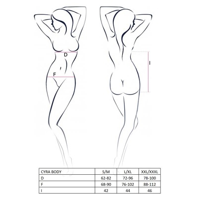 Ilustrações femininas a preto com medidas e tabela de tamanhos CYRA BODY.