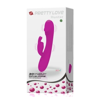 Caixa do produto sexual roxo Pretty Love Hunter com texto sobre funções e material.