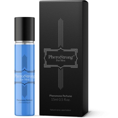 Perfume PheroStrong For Men com frasco azul e caixa preta