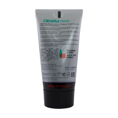 Tubo de creme branco DELAY CREAM com tampa preta e texto em várias línguas