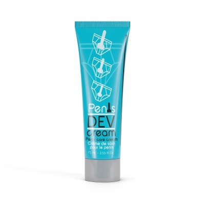Frasco de creme azul com desenhos de cuecas e texto em inglês e francês.