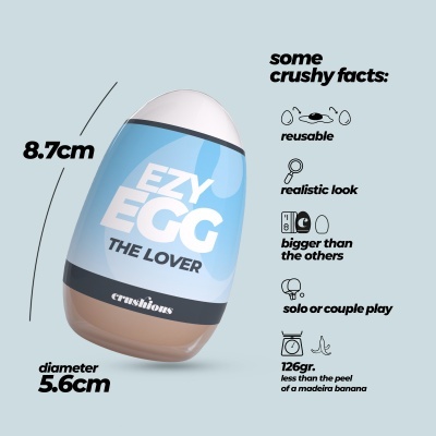 Produto em forma de ovo azul e bege com tampa branca, texto EZY EGG THE LOVER, informações de tamanho 8.7cm x 5.6cm, e texto adicional em inglês sobre características.