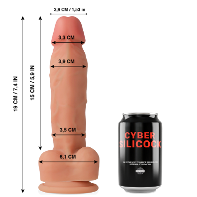 Dildo com medidas em centímetros e uma lata preta com texto CYBER SILICOCK.