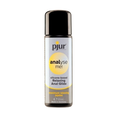 Frasco pequeno com rótulo cinza e amarelo com texto pjur analyse me silicone-based Relaxing Anal Glide.