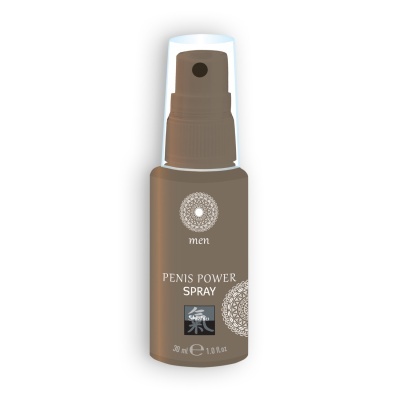 Frasco marrom de spray para homens com tampa transparente e texto PENIS POWER SPRAY.