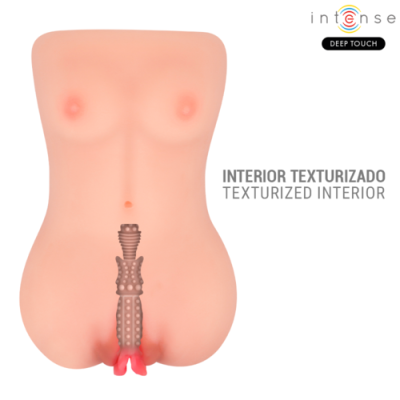 Torso feminino realista cor de pele com textura interior visível e texto descritivo
