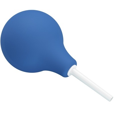 Bulbo de borracha azul com bico branco em fundo branco