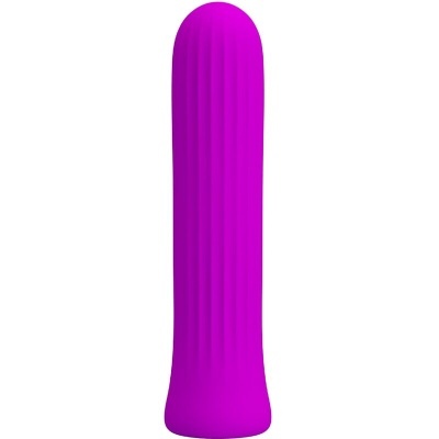 Produto roxo em silicone, formato cilíndrico com textura canelada vertical