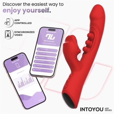 Vibrador vermelho com dois smartphones mostrando app ActiveJoy