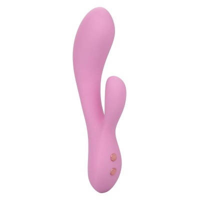 Vibrador rosa curvo com dois botões dourados