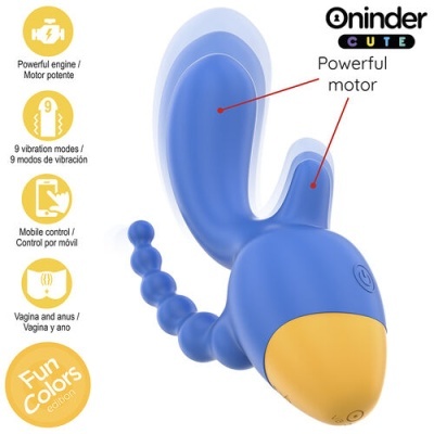 Vibrador azul e amarelo com características e funcionalidades descritas em português e inglês