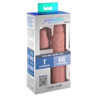 Embalagem com extensão de silicone cor pele e cinta preta, texto em inglês e código QR