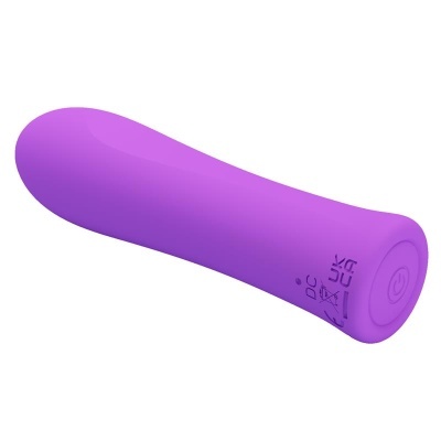 Vibrador roxo cilíndrico em silicone com botão de ligar e símbolos de certificação