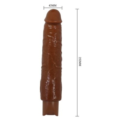 Objecto cilíndrico castanho com textura e medidas indicadas em fundo branco