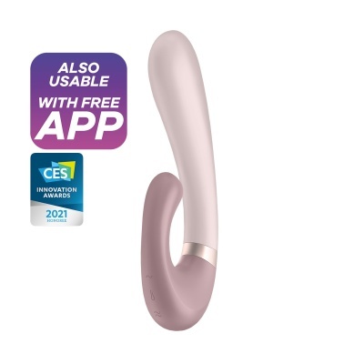 Vibrador em silicone com duas pontas em tons de rosa e selos CES 2021 e indicação APP