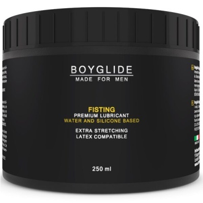 Frasco preto de lubrificante Boyglide para homens com texto em branco e amarelo