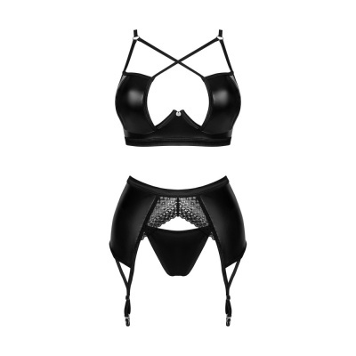 Conjunto de lingerie preto com sutiã de alças cruzadas e ligas rendadas