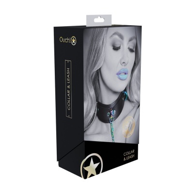 Embalagem preta com imagem de mulher com colar preto e trela colorida