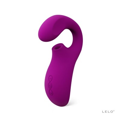Vibrador roxo curvado com botões e logo LELO