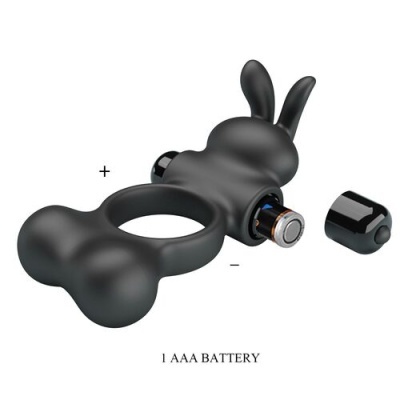 anel de silicone preto em forma de coelho com motor vibratório removível e pilha AAA