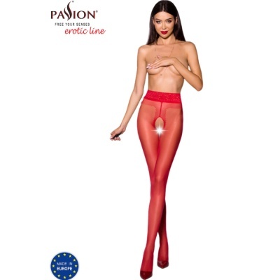 Meia-calça vermelha transparente com abertura frontal e cós em renda