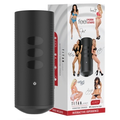 Produto vibrador masculino preto cilíndrico com embalagem branca e imagens de mulheres em lingerie.