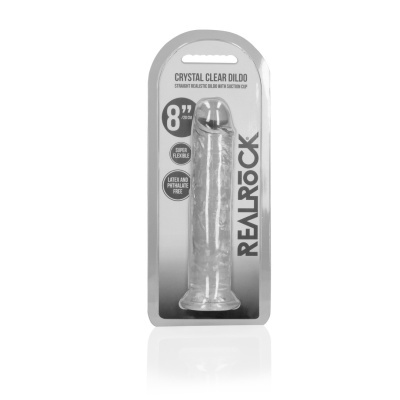 Dildo realístico transparente flexível com ventosa em embalagem com texto em inglês.