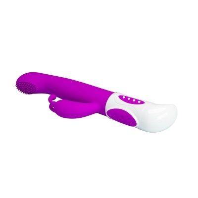 Vibrador roxo com detalhes brancos e roxos sobre fundo branco
