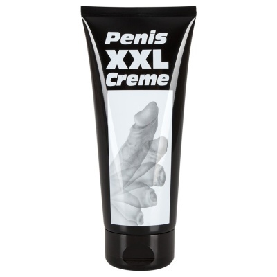 Frasco preto de creme com texto Penis XXL Creme e imagem cinzenta de pénis