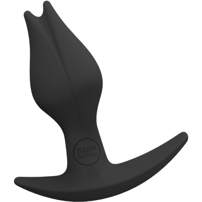 Plug preto de silicone com base curva e texto FUN FACTORY
