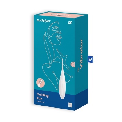 Embalagem para vibrador Satisfyer Tip Vibrator Twirling Fun azul e rosa com desenho linear de mulher