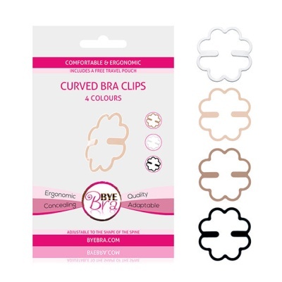 Conjunto de clips para soutien em 4 cores e embalagem branca com texto rosa e preto